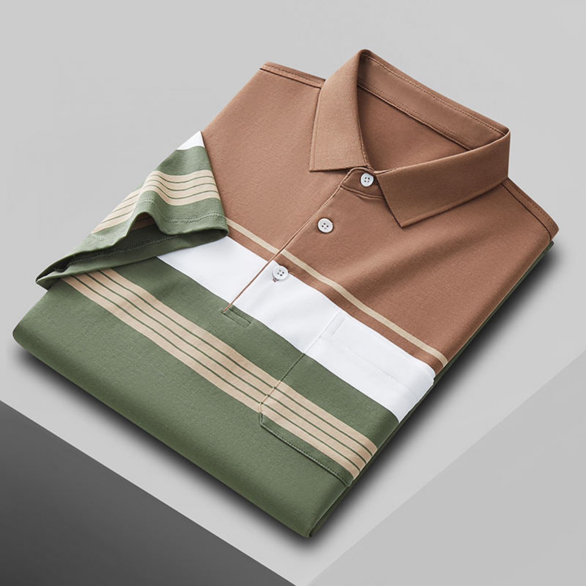 Men's Premium Brown and Olive Green Striped Cotton Polo T‑Shirt | S‑06