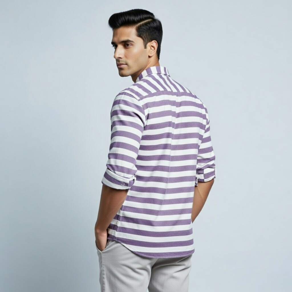 Men's Premium Lavender Cotton Horizontal Striped Shirt (MSS-9)