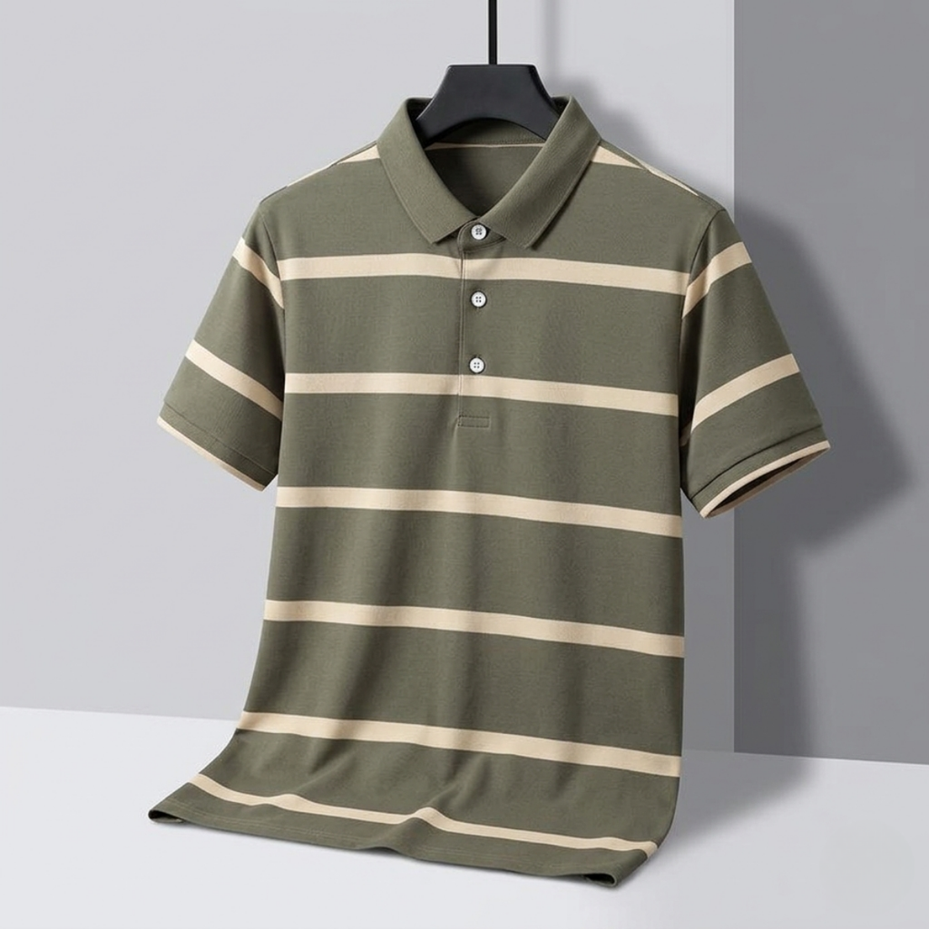 Men's Premium Olive Green and White Striped Cotton Polo T‑Shirt | S‑07