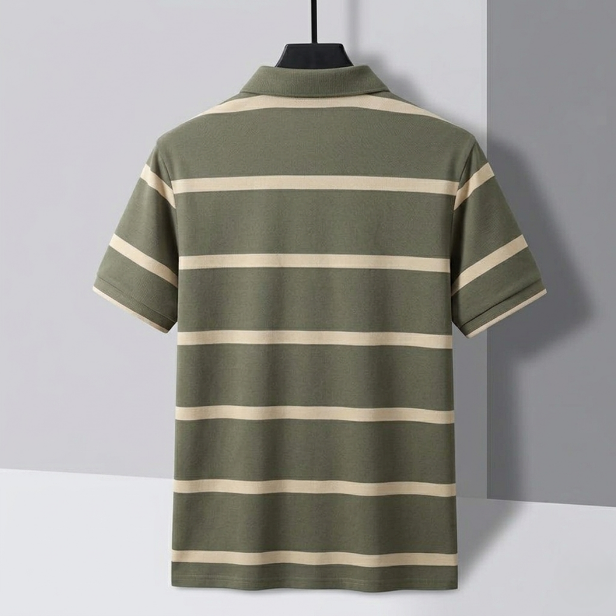 Men's Premium Olive Green and White Striped Cotton Polo T‑Shirt | S‑07