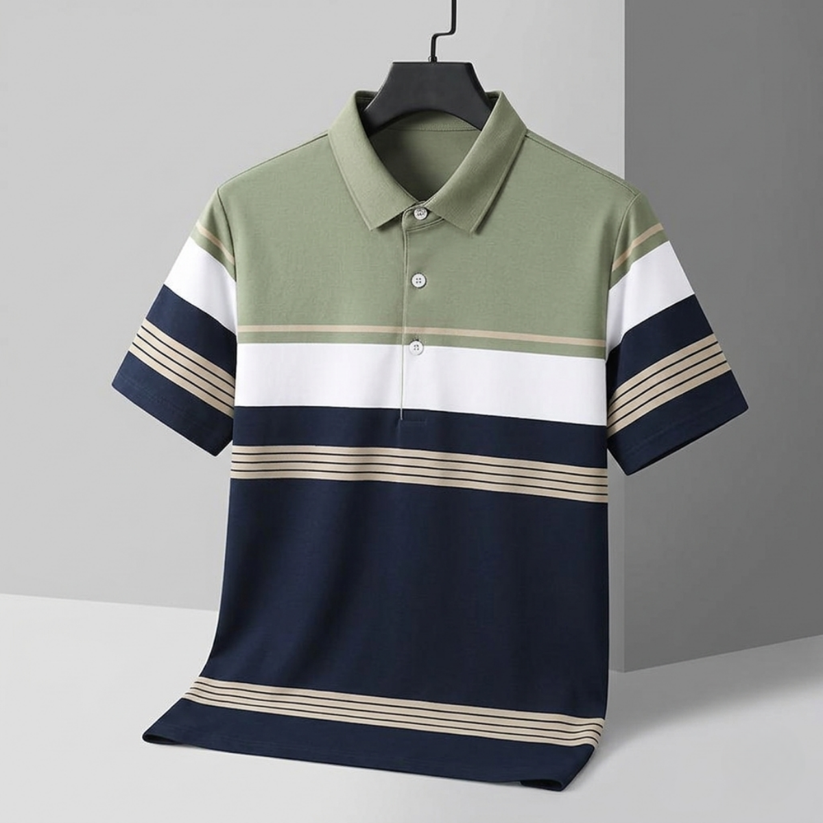 Men's Premium Sage Green and Navy Blue Striped Cotton Polo T‑Shirt | S‑08