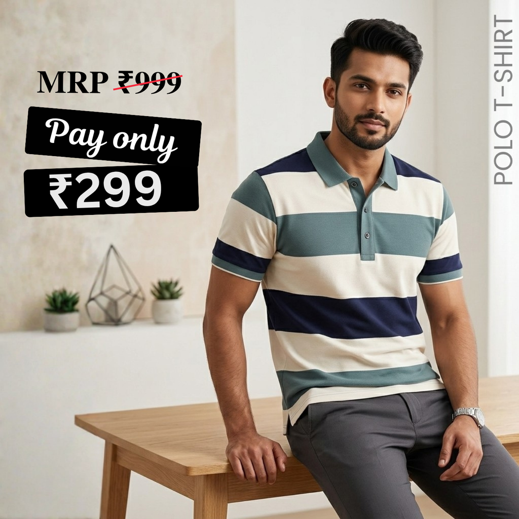 Men's Premium Blue and White Striped Cotton Polo T‑Shirt| S‑05