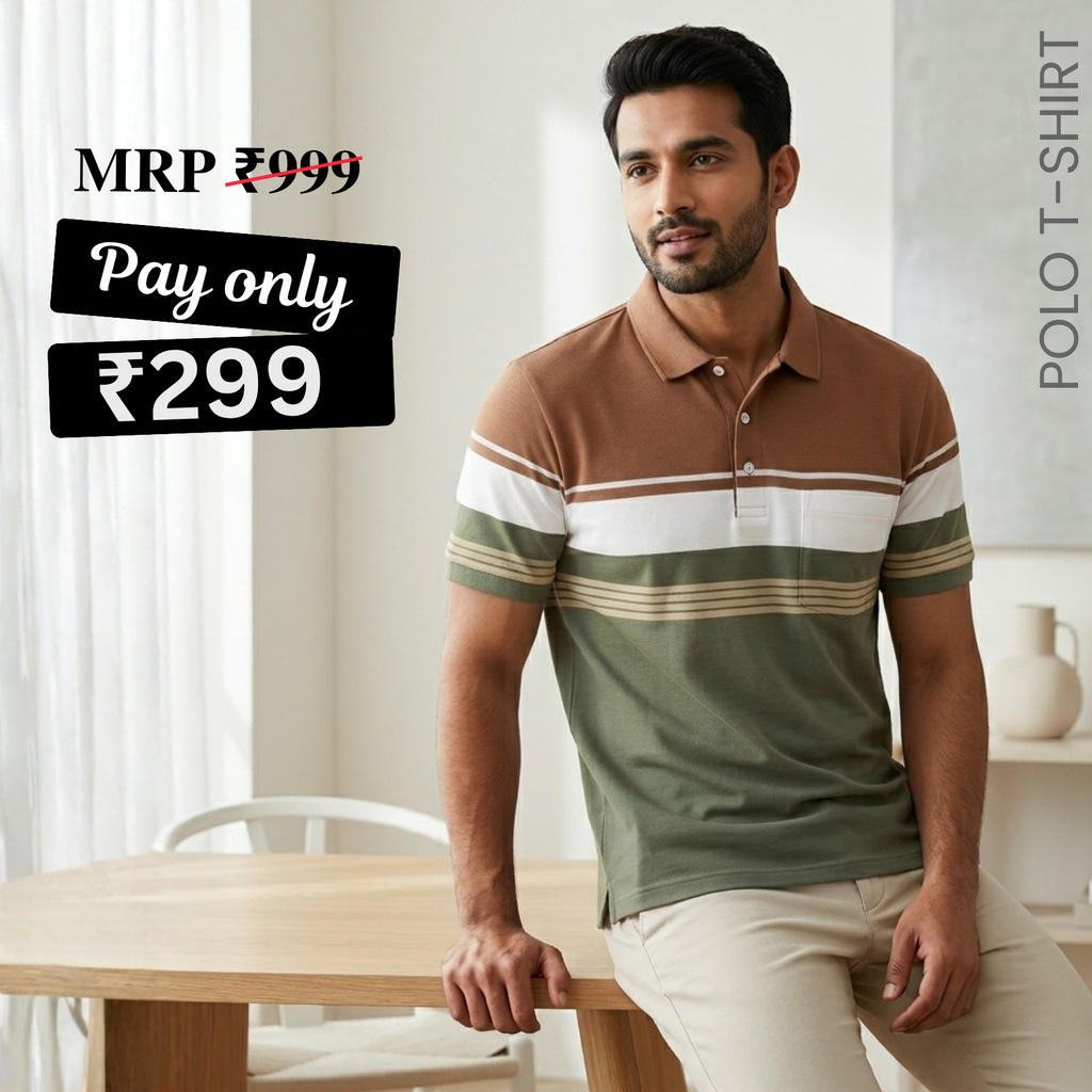 Men's Premium Brown and Olive Green Striped Cotton Polo T‑Shirt | S‑06