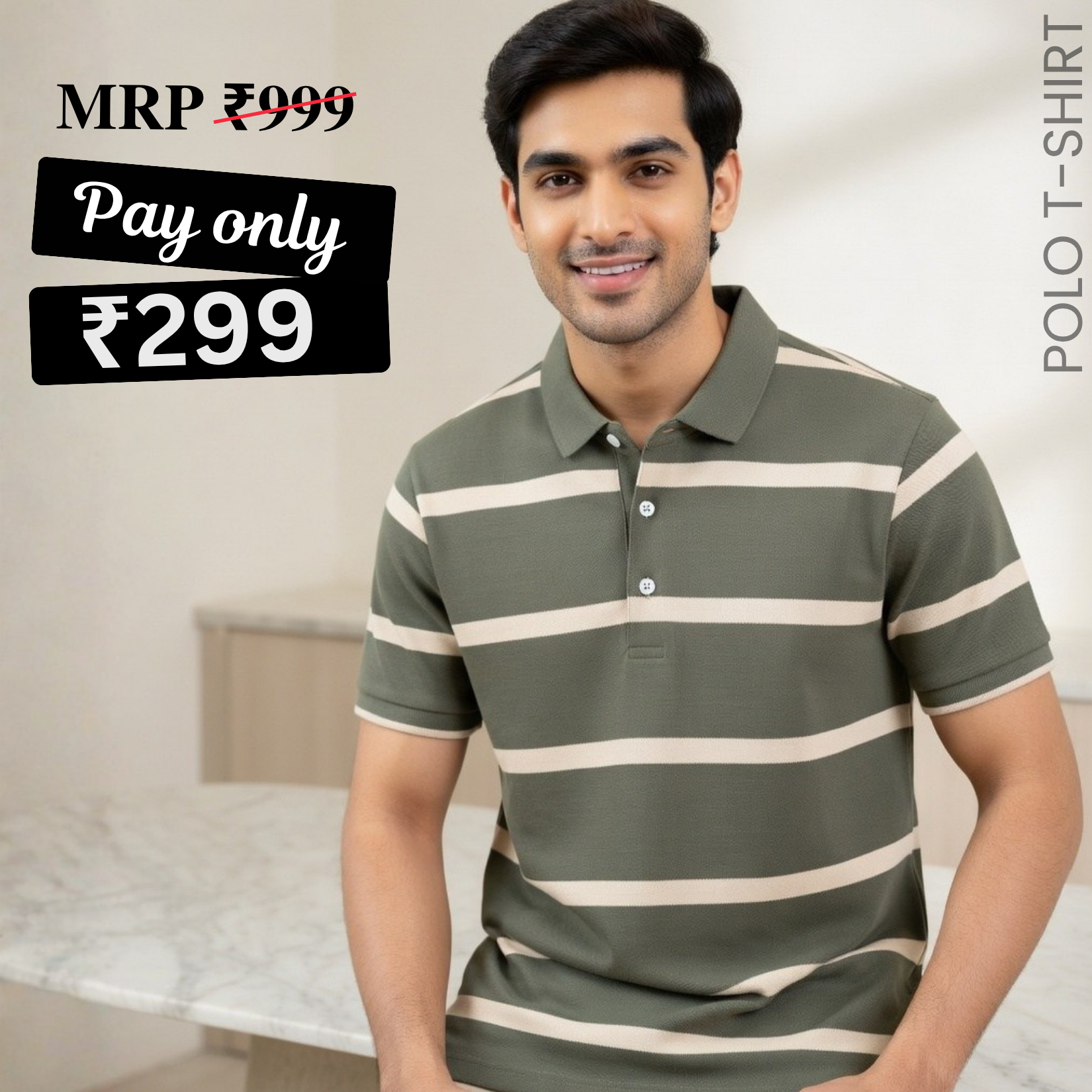 Men's Premium Olive Green and White Striped Cotton Polo T‑Shirt | S‑07