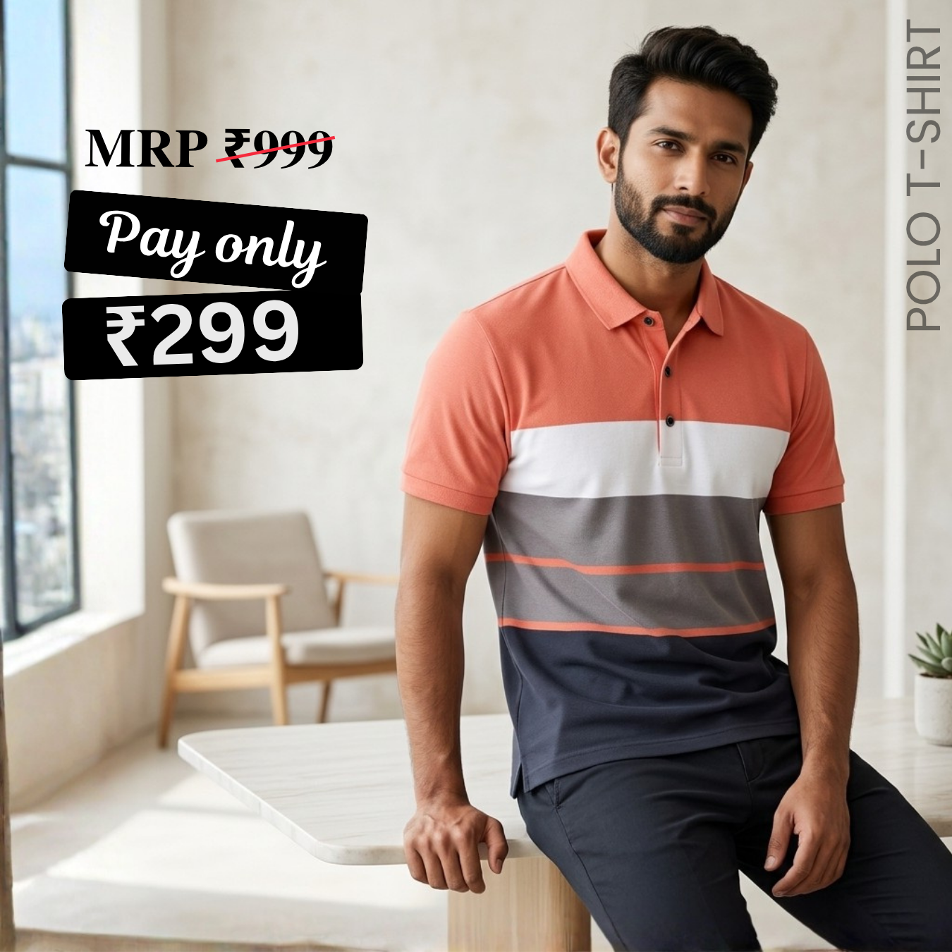 Men's Premium Orange and Gray Striped Cotton Polo T‑Shirt | S‑02