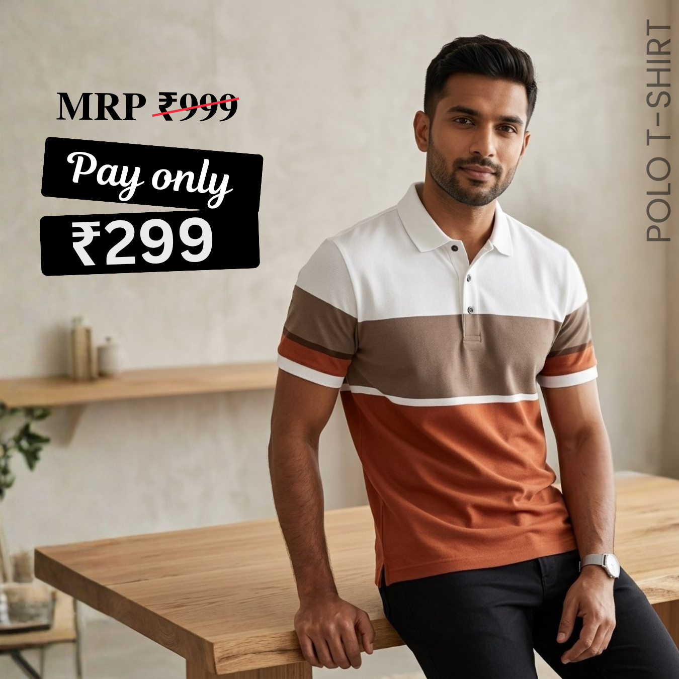 Men's Premium Brown and White Striped Cotton Polo T‑Shirt | S‑03