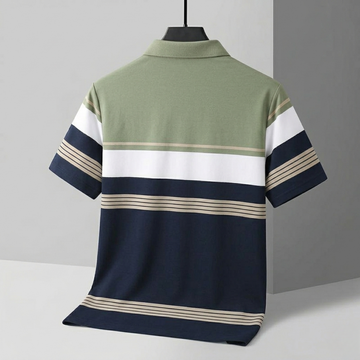 Men's Premium Sage Green and Navy Blue Striped Cotton Polo T‑Shirt | S‑08