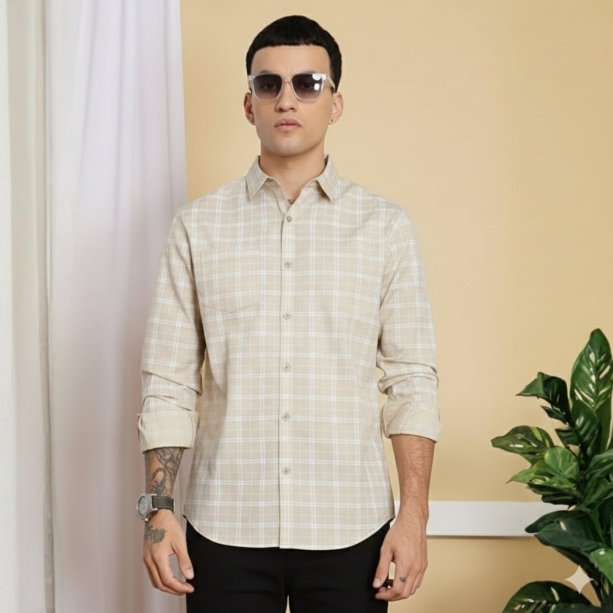 Premium Cotton Cream and White Checked Shirt – Casual & Office Wear |CS-07