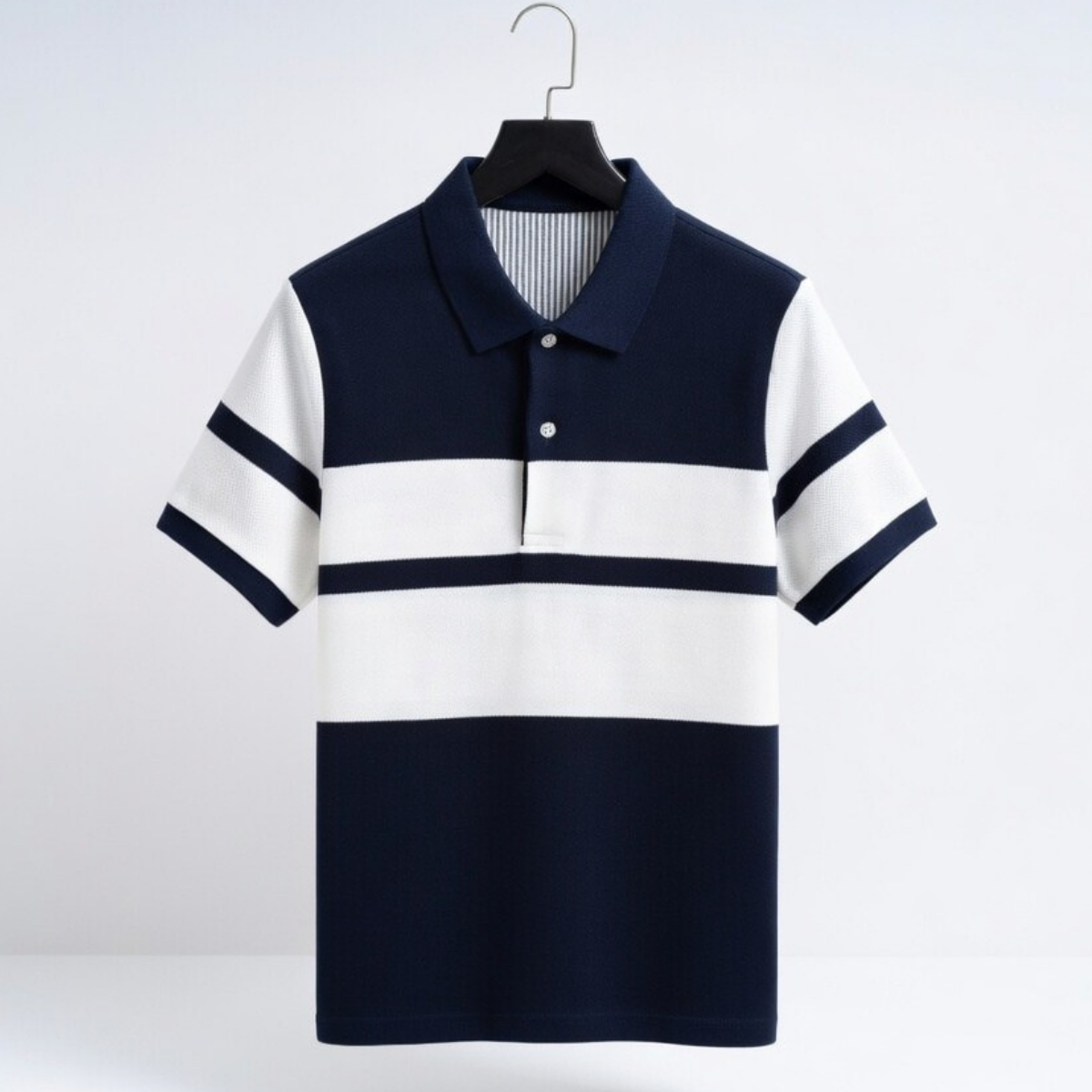 Men's Premium Navy Blue and White Striped Cotton Polo T‑Shirt  | S‑09