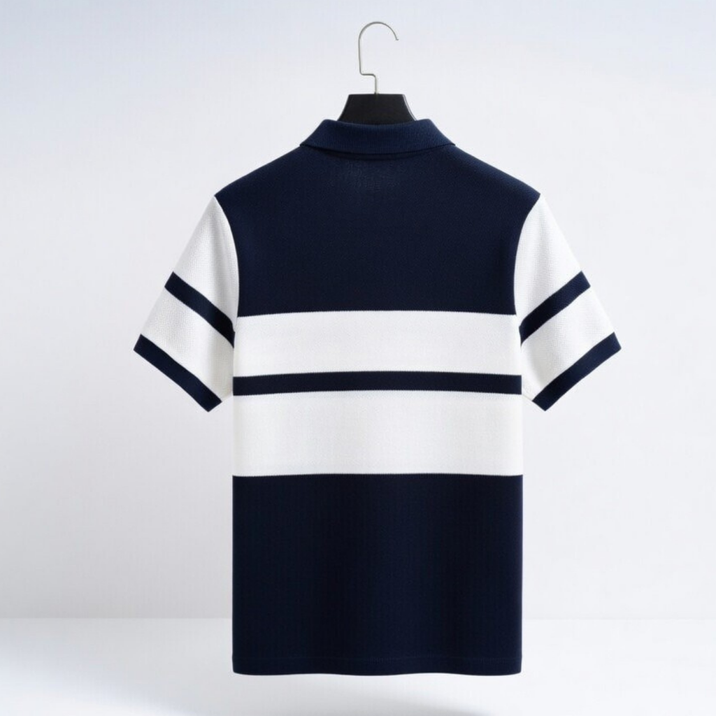 Men's Premium Navy Blue and White Striped Cotton Polo T‑Shirt  | S‑09