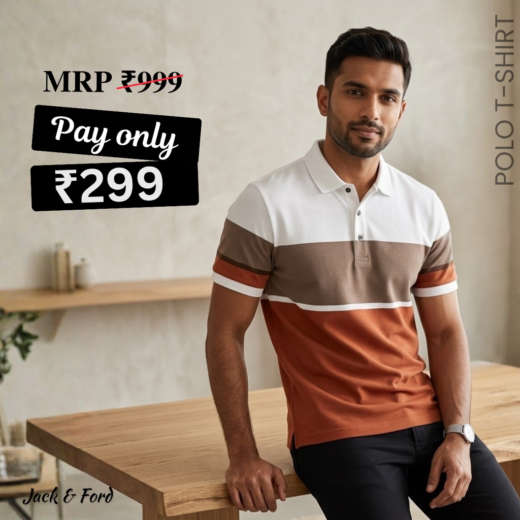 Men's Premium Brown and White Striped Cotton Polo T‑Shirt | S‑03