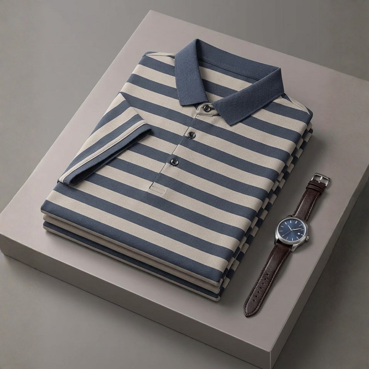 Men's Premium Navy Blue and Beige Striped Cotton Polo T‑Shirt  | S‑10