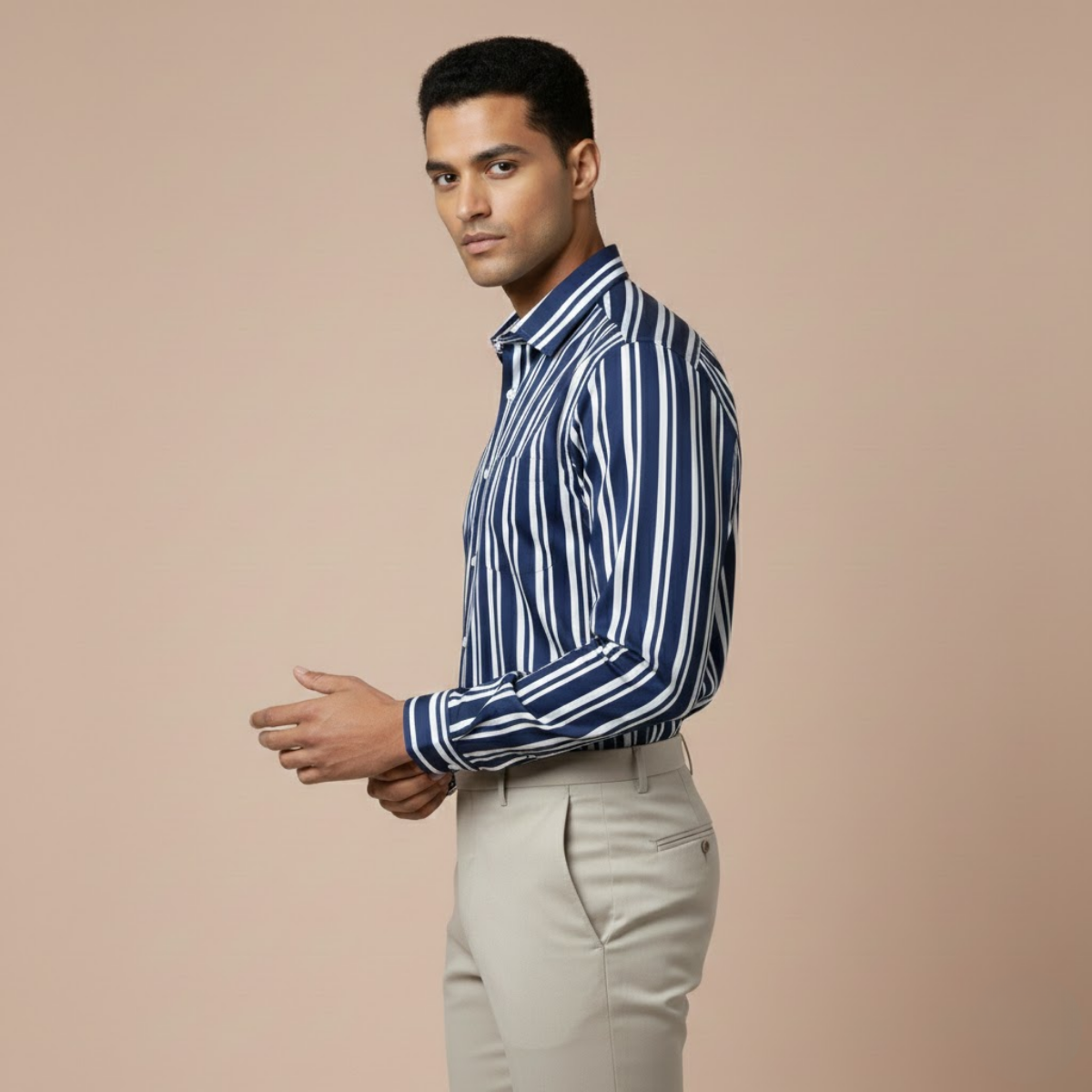 Men's Premium White and Blue Cotton Striped Shirt(MSS-2)