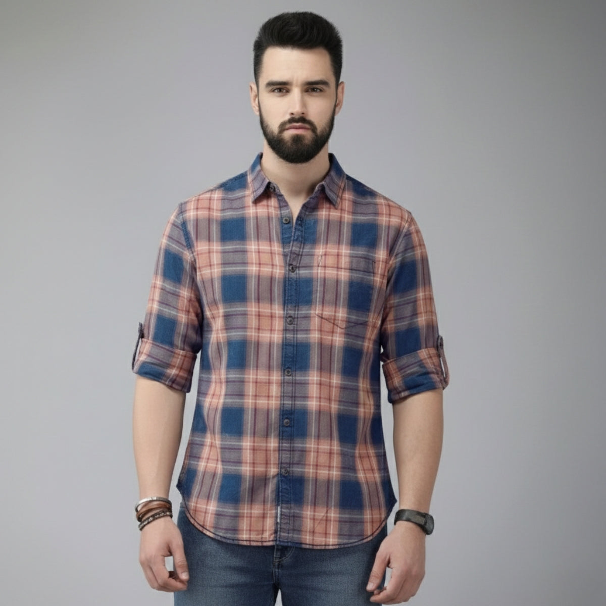 Premium Cotton Blue and Orange Checked Shirt – Casual & Office Wear | CS-11