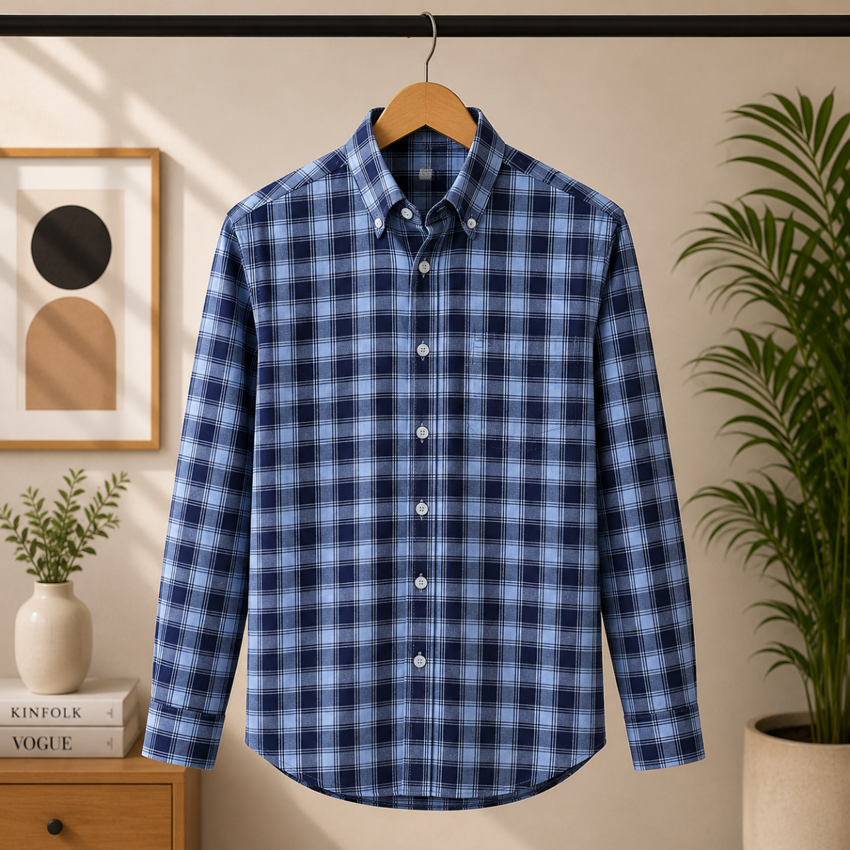 men's long-sleeve, slim-fit, blue and white plaid button-down checked  shirt