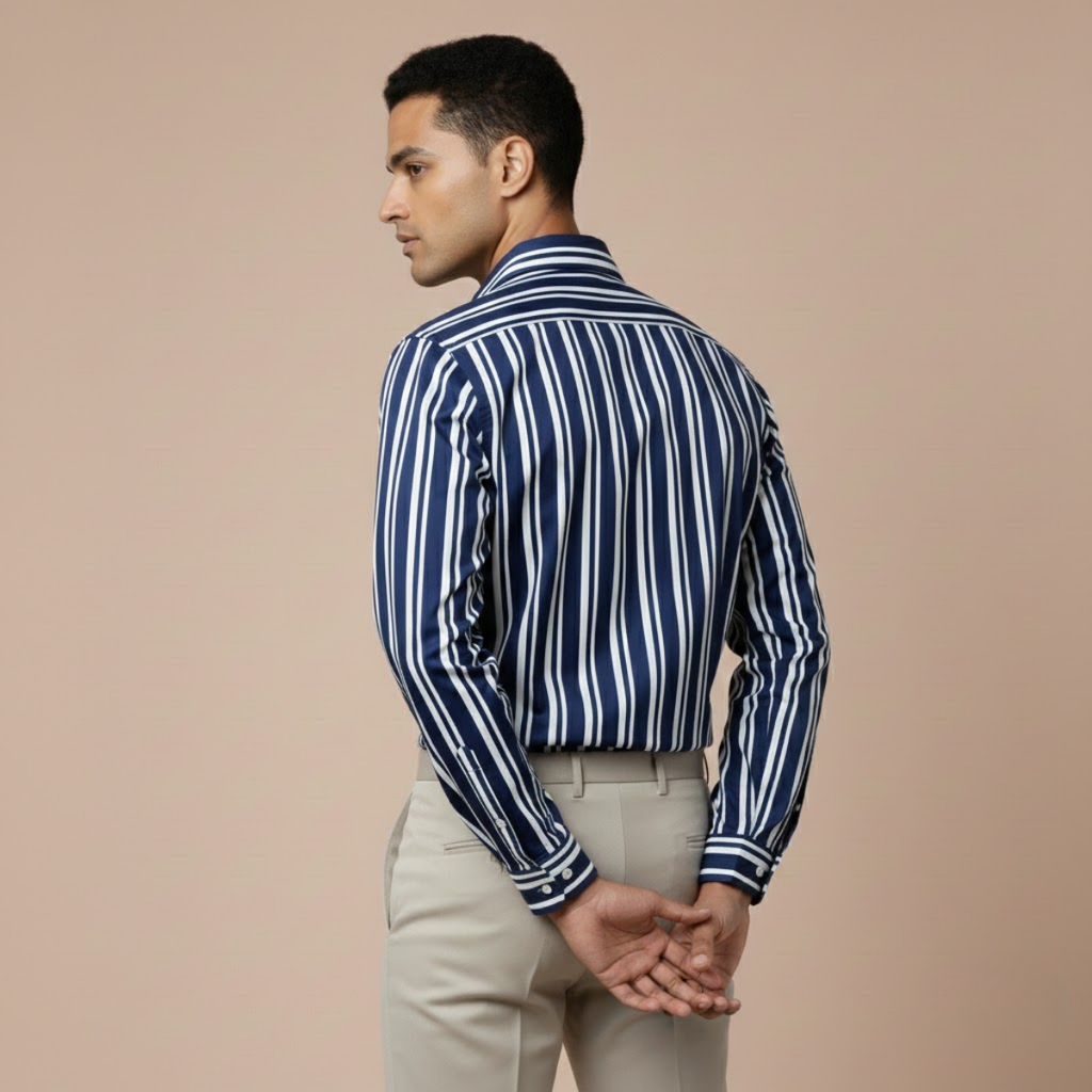 Men's Premium White and Blue Cotton Striped Shirt(MSS-2)