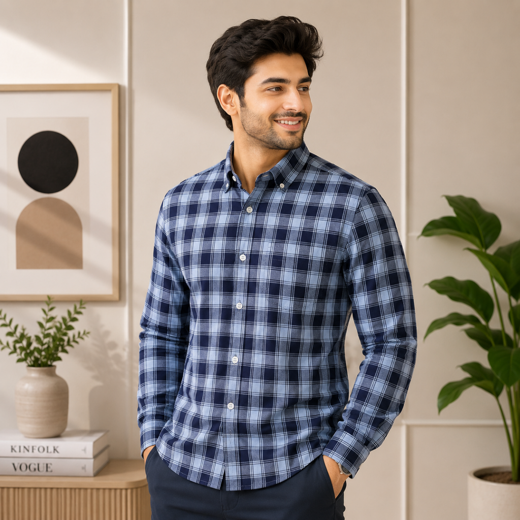 men's long-sleeve, slim-fit, blue and white plaid button-down checked  shirt