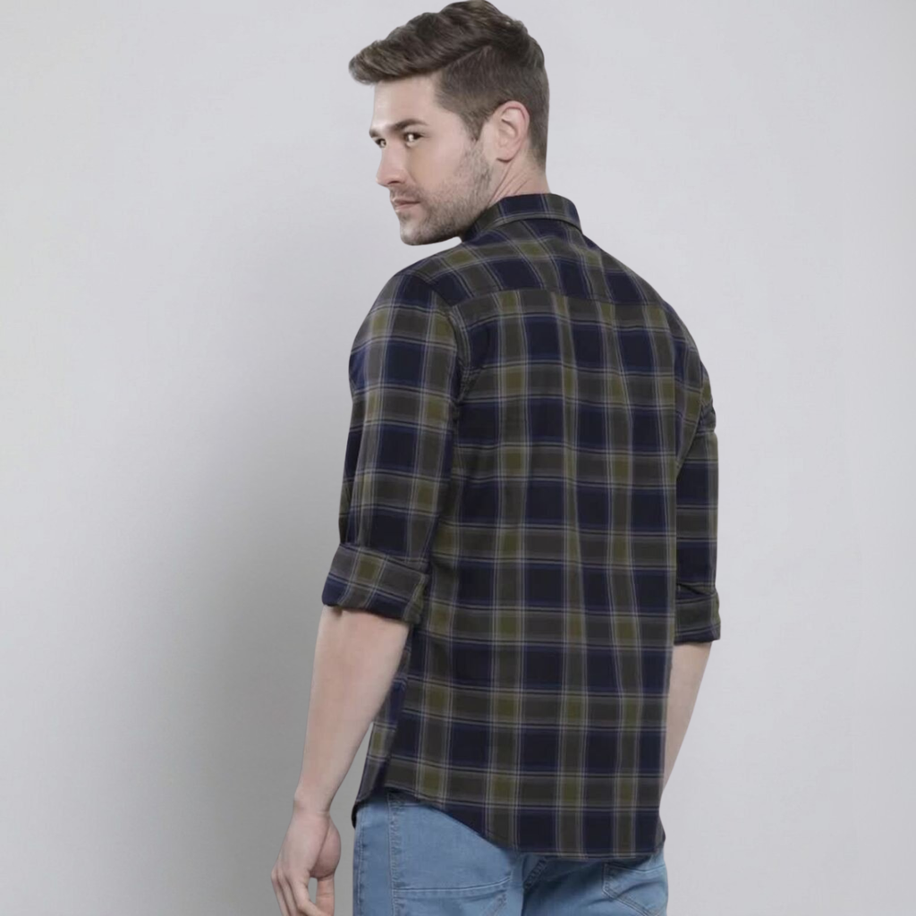 Premium Cotton Navy Blue and Olive Green Checked Shirt – Casual & Office Wear|CS-03